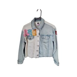 Care Bears Cropped Denim Jacket | Custom Upcycled Two-Tone Jean Jacket Sz L